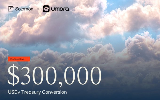 A promotional image showing 'Solomon × umbra' with a 'Proposal Live' tag and the figure '$300,000' labeled as 'USDv Treasury Conversion' against a cloudy sky background.