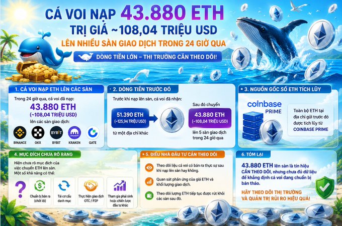 A Vietnamese cryptocurrency infographic about Ethereum (ETH) whales titled 'CÁ VOI NẠP 43.880 ETH TRỊ GIÁ ~108,04 TRIỆU USD' (Whales deposited 43,880 ETH worth ~$108.04 million), showing a blue whale graphic, transaction details, Coinbase Prime involvement, and market trend analysis.