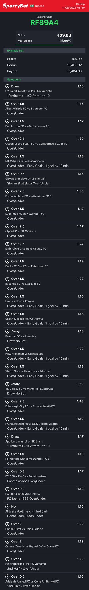 A SportyBet screenshot displays a betting booking code "RF89A4" with odds of 409.68 and a maximum bonus of 45.00%, featuring numerous football match selections including FC Kairat Almaty vs PFC Levski Sofia, Slovan Bratislava vs Mjalby AIF, and Palermo FC vs Juventus, with stake odds and potential payouts of ₦59,404.30 on a 100.00 stake.