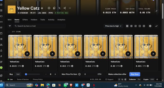 The image shows an OpenSea marketplace listing for the "YellowCatz" NFT collection on Ethereum, displaying 277 items currently minting with a floor price of 0.0123 ETH and total volume of 0.05 ETH. The user's $0 to $23 floor price gain and successful mint of the collection is reflected in this live marketplace view where they can track their newly acquired NFT's current valuation and trading activity.