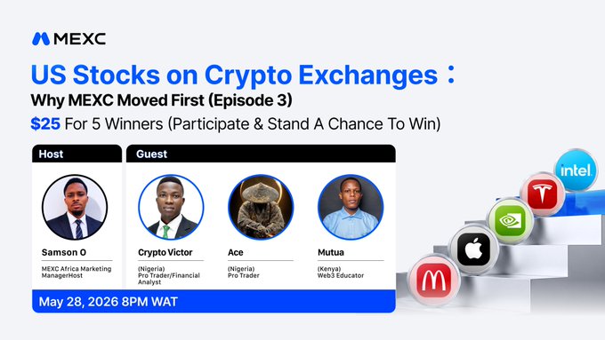 The image features a poster for an event related to cryptocurrency exchanges, specifically focusing on the US stock market. The poster includes three men's portraits along with various logos representing different companies such as Apple, Tesla, and Intel. The text on the poster highlights the importance of early participation in the crypto market and encourages viewers to join the discussion by attending a webinar or event at 8:30 PM.