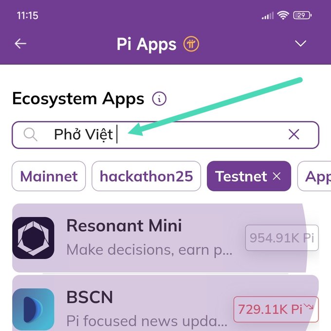 A screenshot of the Pi Apps mobile interface shows a search for 'Phở Việt' with a green arrow pointing to the search bar, displaying apps like Resonant Mini (954.91K Pi) and BSCN (729.11K Pi) below.