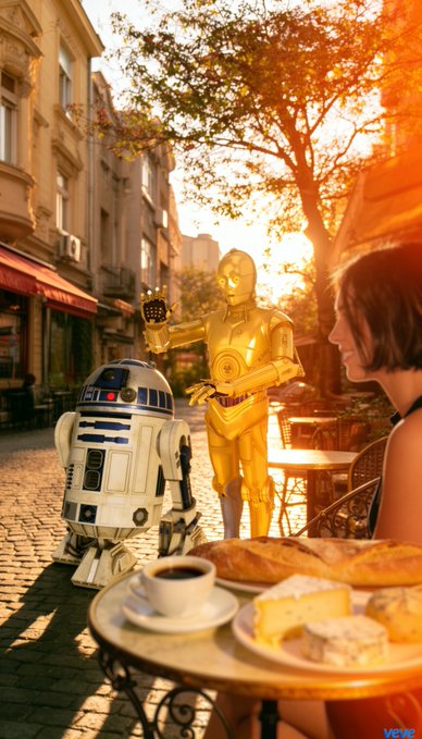 A digitally rendered scene shows R2-D2 and C-3PO from Star Wars standing on a cobblestone street at sunset, interacting with a person seated at a café table with coffee and pastries.