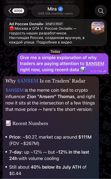 A Telegram chat screenshot where a user asks for an explanation of the $ANSEM meme coin, and the AI Mira replies with a detailed report noting a price of ~$0.27, a market cap of $111M, and a 12% drop in the last 24 hours.