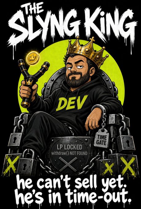 A graphic t-shirt design featuring a crowned king in a hoodie labeled 'DEV' surrounded by padlocks and chains, with text reading 'THE SLYNG KING', 'LP LOCKED withdraw() NOT FOUND', 'TIME GATE', and 'he can't sell yet. he's in time-out.'