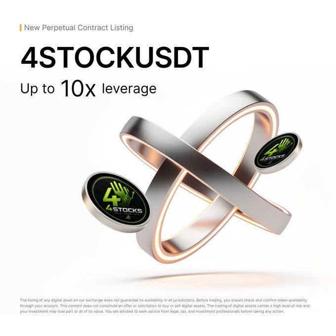 A promotional graphic announcing the new perpetual contract listing for **4STOCKUSDT** on Bybit, featuring an abstract 3D rendering of two metallic rings intersecting with "4STOCKS" branded coins, and highlighting up to **10x leverage** for trading.