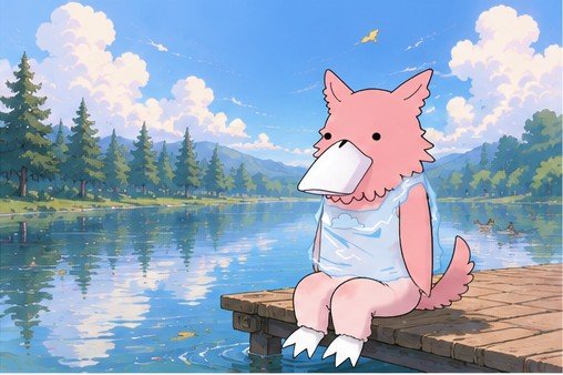 An anime-style illustration of a pink fox-like creature with a white beak sitting on a wooden dock by a serene lake, with its reflection visible in the water and a small yellow bird flying in the sky.
