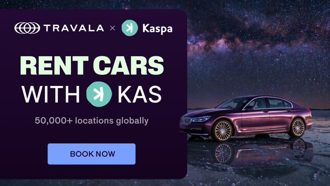 A promotional advertisement for TRAVALA × Kaspa featuring the text 'RENT CARS WITH KAS' and '50,000+ locations globally' alongside a 'BOOK NOW' button, showing a luxury car against a starry cosmic background.