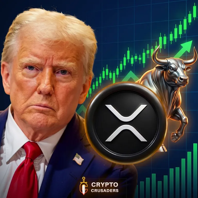 The image shows Donald Trump next to a large XRP logo and a bullish crypto chart with a charging bull, while the “CRYPTO CRUSADERS” logo appears at the bottom; it visually reinforces the claim that a potential capital gains tax cut by Trump would be bullish for $XRP.