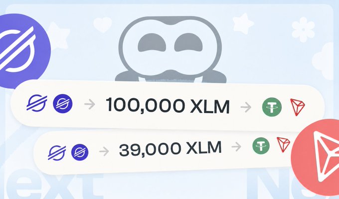 A Stellar (XLM) exchange graphic shows conversion options of 100,000 XLM and 39,000 XLM to Tether and Tron cryptocurrencies with a Discord logo.