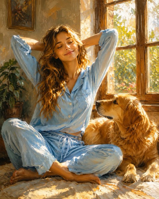 An impressionist-style painting of a relaxed woman in light blue pajamas sitting on a windowsill with her hands behind her head, accompanied by a golden retriever.