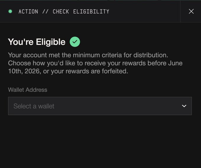 The image shows a screen with a message box that reads "You're Eligible". The message box contains instructions for how to check if you are qualified for a MegaETH Terminal Reward check, which requires a wallet address. The prompt asks whether the user has already provided their wallet address and suggests they do so before June 10th in order to receive their rewards.