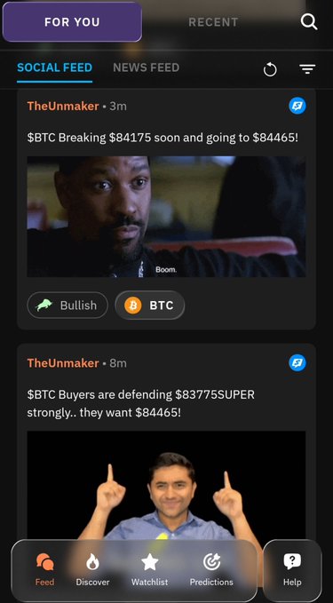 A mobile app screenshot of a 'FOR YOU' social feed showing cryptocurrency price predictions from user 'TheUnmaker', mentioning '$BTC Breaking $84175 soon and going to $84665!'