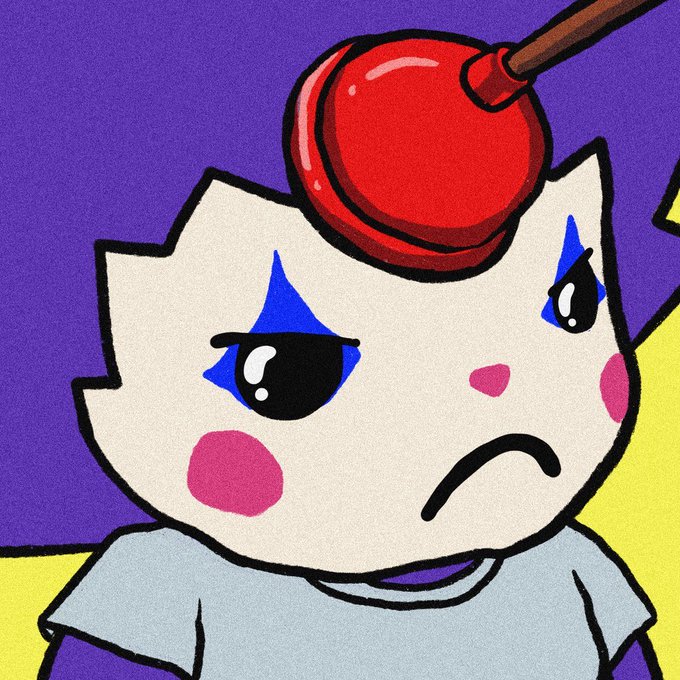 A cartoon cat-like character with white fur, large blue tearful eyes, pink cheek spots, and a downturned frowning mouth appears visibly sad and disappointed against a purple background, as a red plunger is being pressed onto the top of its head. The image humorously visualizes the feeling of being "plunged" into disappointment, fitting the post's context of giving away a "chog" NFT where the character likely represents the mascot being offered as a prize.