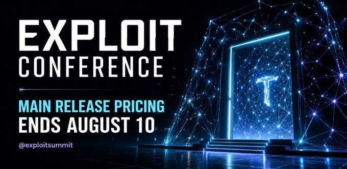 Promotional banner for the EXPLOIT Conference announcing that main release pricing ends August 10, featuring a glowing digital portal with a "T" logo set against a network of blue nodes and connections, tying into the post's highlight of the @ExploitSummit event bringing together 128 Bittensor subnet teams across AI fields.