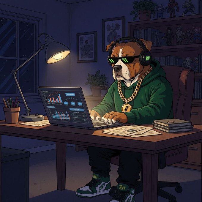 A cartoon illustration of a bulldog wearing pixelated sunglasses, headphones, a green hoodie, and a gold chain, sitting at a desk trading cryptocurrencies on a laptop in a dimly lit room.