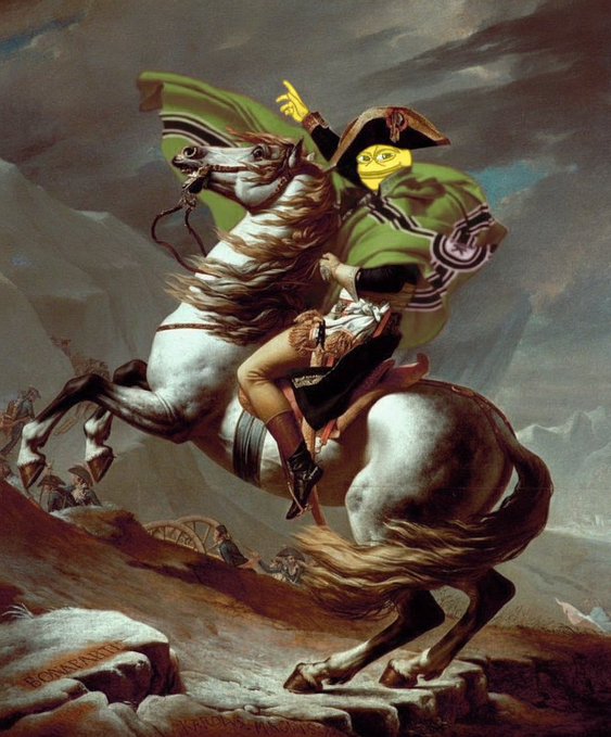 A meme edit of Jacques-Louis David's classical painting 'Napoleon Crossing the Alps,' with Napoleon's face replaced by a yellow cartoon emoji and his army's flag replaced with the League of Legends logo.