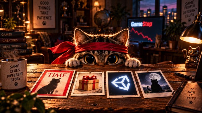 A tabby kitten wearing a red headband peers over a wooden desk covered with cards, including one labeled 'TIME', a gift box, a Unity logo, and a cat at a moon; background signs read 'GOOD THINGS TAKE PATIENCE', 'SAME CLUES DIFFERENT STORY', and a screen displays 'GameStop' with a downward chart.