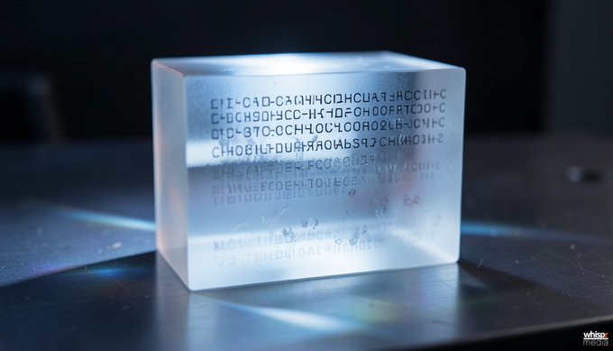 A transparent frosted acrylic cube with internal text/cryptic characters engraved inside, displayed on a surface with dramatic lighting, labeled with 'whisper media' watermark.