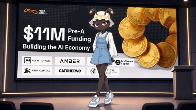 An anime-style character stands on a stage in front of a screen announcing 'Neo Soul $11M Pre-A Funding' for 'Building the AI Economy', alongside logos of investors like M Ventures, Amber, and Kirin Capital.