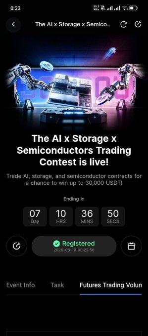A mobile app screen for 'The AI x Storage x Semiconductors Trading Contest' offering up to 30,000 USDT prize, showing a countdown of 07 days 10 hours 36 minutes remaining, with the user marked as Registered on 2026-08-19.