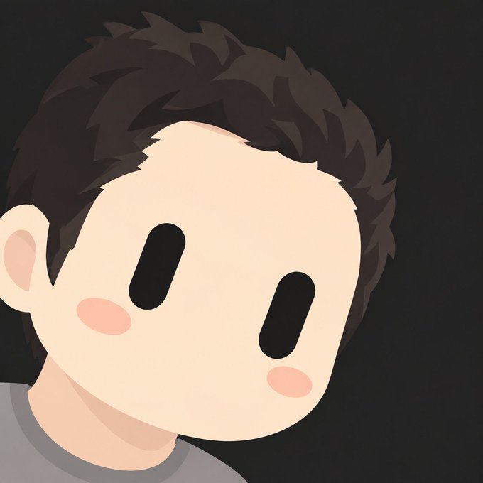 A simple cartoon illustration of a person's head with messy dark hair, featuring only black oval eyes and pink blush marks on the cheeks against a black background.