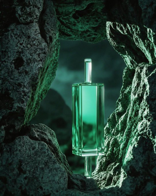 A glowing emerald-colored rectangular perfume-style bottle stands illuminated within a dark, rocky cave, bathed in green light. The image visually embodies the post's "Pure Green Candle Energy" metaphor, with the bottle's vibrant green hue evoking bullish momentum in trading charts.