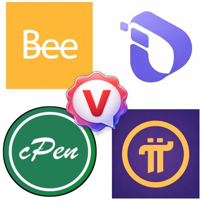 Logo comparison graphic showing four apps—Bee, a purple messaging icon, cPen, and Pi—with a red verification badge in the center.