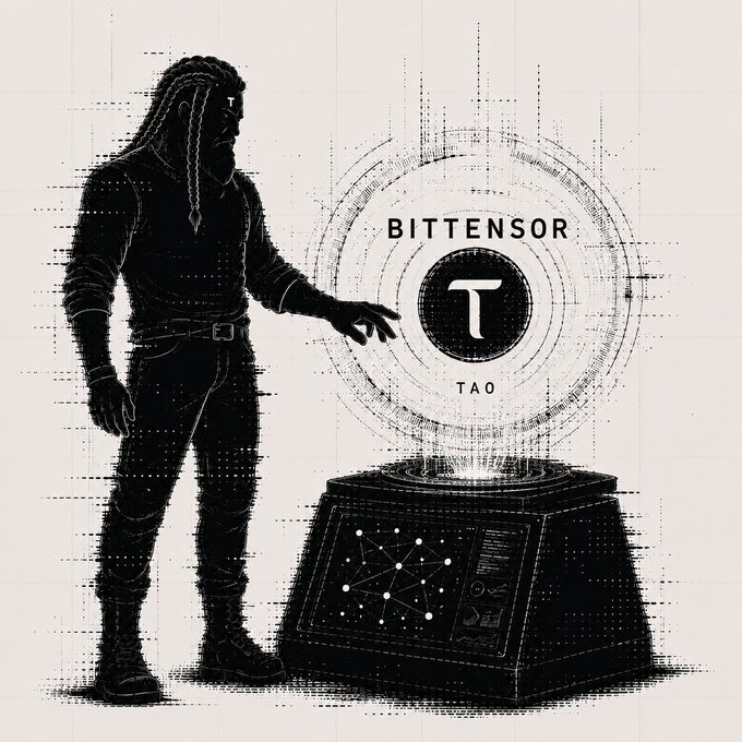 A black and white glitch-style illustration shows a long-haired figure reaching toward a holographic display emanating from a machine, labeled 'BITTENSOR' and 'TAO' with a 'T' logo.