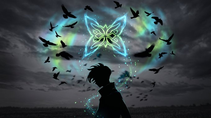 A silhouetted figure with dark hair stands beneath a glowing, intricate butterfly-shaped magical symbol radiating green and blue light, surrounded by flying black birds against a cloudy sky.