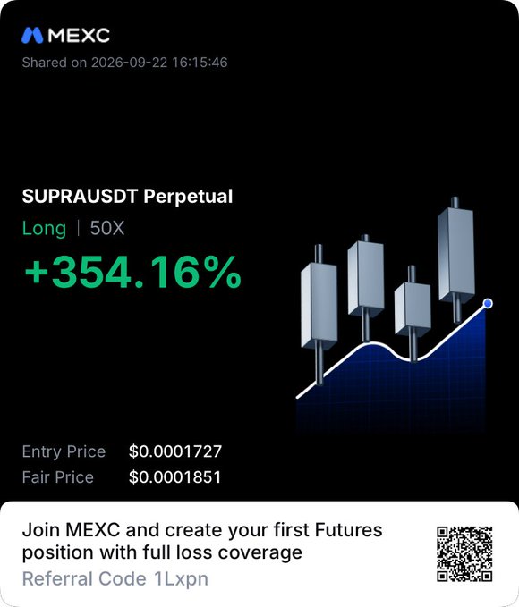 A MEXC trading app screenshot showing a 'SUPRAUSDT Perpetual' long position with +354.16% gain at 50X leverage, with entry price $0.0001727 and fair price $0.0001851, plus a referral code '1Lxpn'.