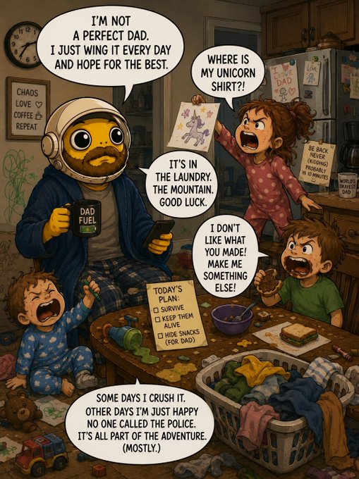 A cartoon dad wearing a "Dad Fuel" mug holds up his phone while chaos erupts around him—one kid demands a unicorn shirt, another throws a tantrum, and a toddler cries amid scattered toys and stains. Signs read "CHAOS LOVE COFFEE REPEAT," "I LOVE DAD," "WORLD'S OKAYEST DAD," and a "Today's Plan" checklist of "Survive," "Keep them alive," and "Hide snacks (for Dad)."

The image humorously contrasts the messy reality of daily dad life with the post's message about staying grounded through overwhelm—suggesting that just like the dad's "Dad Fuel" strategy of surviving one chaos-filled moment at a time, holding onto $TURBO as a "strong foundation" can carry investors through the turbulence.