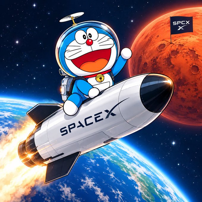 Doraemon rides a SpaceX rocket through space with Earth below and Mars in the background, with the "SPACEX" branding visible on the rocket. The image playfully illustrates the post's message about crypto (Marscoin) and stocks sharing similar ambitions—whether shooting for Mars or the moon, both journeys involve reaching for the stars.