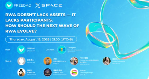 A promotional graphic for a Twitter/X Space event titled 'RWA DOESN'T LACK ASSETS — IT LACKS PARTICIPANTS. HOW SHOULD THE NEXT WAVE OF RWA EVOLVE?' scheduled for Thursday, August 13, 2026 at 21:00 (UTC+8), featuring hosts from FREEDAO and Space, along with several guest speakers.