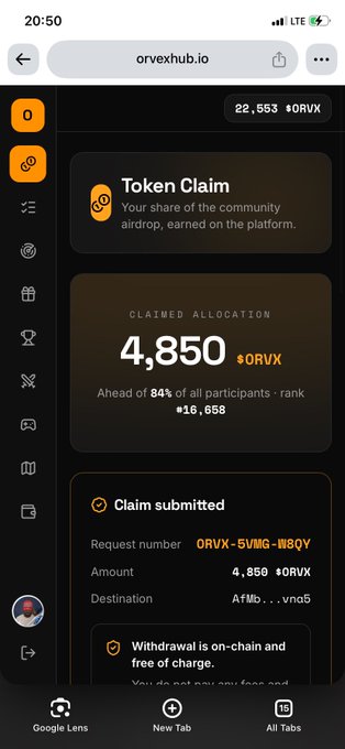 Screenshot of orvexhub.io showing a Token Claim page with 4,850 $ORVX claimed allocation, ahead of 84% of participants, with a submitted claim request to destination AfMb...vno5.