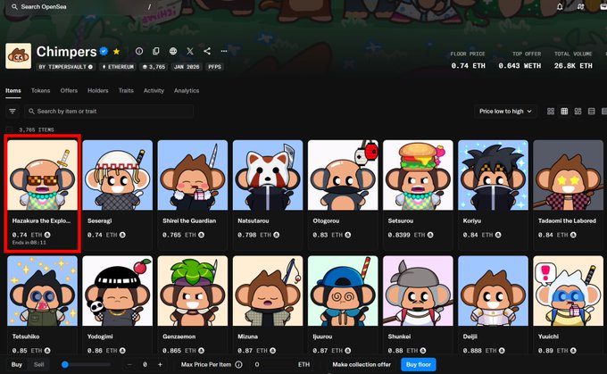 The image shows a collection of cartoon characters displayed on a computer screen with various descriptions for each character. The main focus is on a character named "Chimps", which appears to be a popular item among collectors due to its rarity and evolution over time. The post suggests that this particular character has been an evolutionary success, as it has gained popularity in the collector's market.