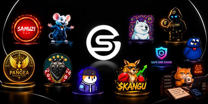 A promotional image featuring various crypto meme token characters surrounding a central SafeMoon logo, including SAMUZI, PANGEA, $KANGU, and SCATP.