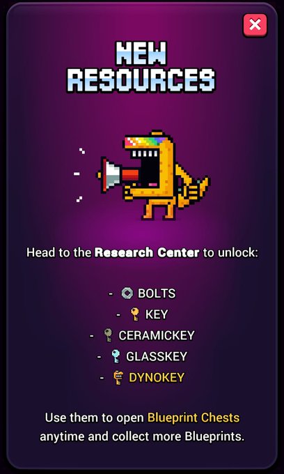 The image shows an opening of a game with a menu displayed. The title "New Resources" says that users can access new resources, including a list of items like ceramics, glassskins, and dynamo keys, along with their corresponding symbols (e.g., 'A' for ceramic key, 'B' for glass skinskey). The text also mentions that this resource is for blueprints, implying the game might be related to crafting or building activities. The layout of the image includes a list of items on one side and a menu on the other, showing what resources are available at the moment users can access them.