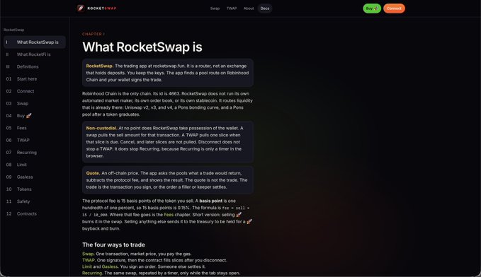 A documentation webpage titled 'What RocketSwap is' explaining the cryptocurrency trading app on the Robinhood Chain, including chapters on Start here, Connect, Swap, Buy, and Fees.