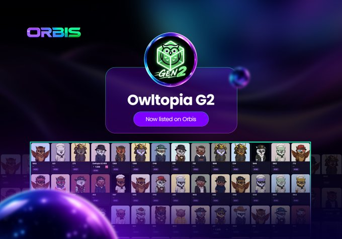 A promotional banner for 'Owltopia G2' NFTs now listed on 'ORBIS,' displaying rows of owl character avatars against a dark purple background.