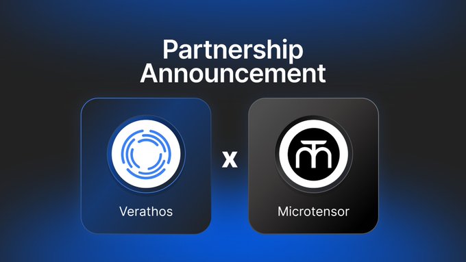 A digital announcement graphic titled "Partnership Announcement" shows two company logos: "Verathos" on a blue tile and "Microtensor" on a black tile, separated by an 'x'.