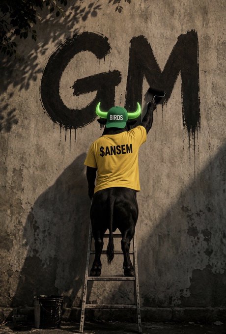 An image of a bull wearing a yellow "$ANSEM" shirt and a green "BIRDS" cap painting "GM" on a wall.