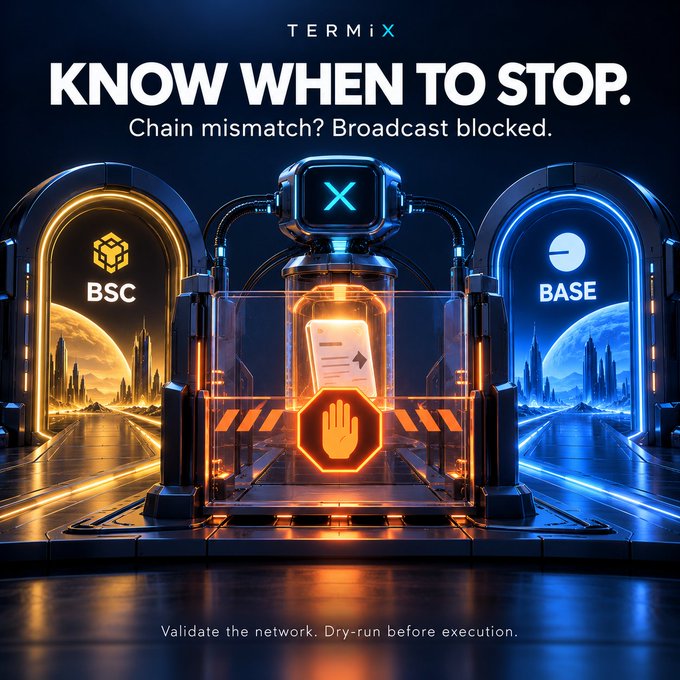 Futuristic promotional graphic for 'TERMIX' titled 'KNOW WHEN TO STOP' about chain mismatches between BSC and BASE networks, showing glowing archways and a central stop sign icon.