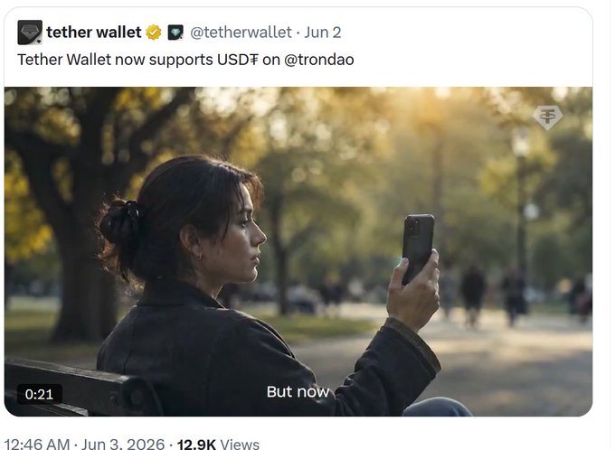The image features a woman sitting on a bench, holding her cell phone up to take a picture of herself. The photo captures her face as she looks at the camera with her cell phone. The caption below the image provides information about the post's content, stating that it is related to Bitcoin andether wallet support for USDC.