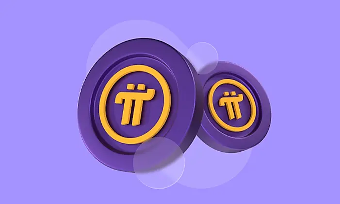 A 3D rendered graphic shows two purple coins featuring the gold Pi cryptocurrency symbol (π) floating against a light purple background with bubble elements.