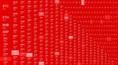 The image features a red grid filled with various symbols such as numbers, letters, and punctuation marks like exclamation points and commas. The colors of the symbols are predominantly red, while some other colors include black and white. A small white text box in the top right corner reads "BTC". This seems to be part of an infographic or a graphic design intended for sharing online.