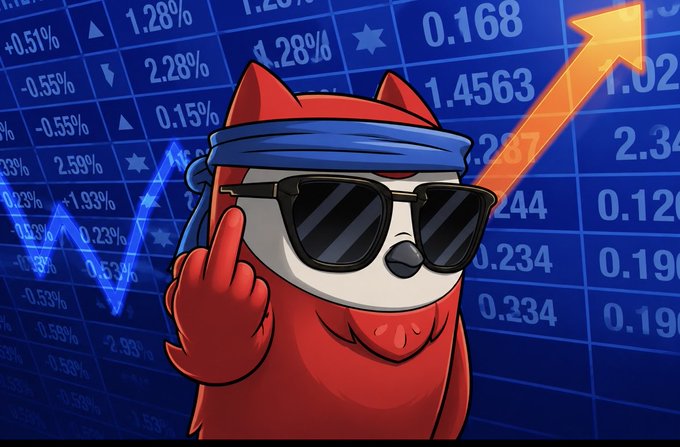 A cartoon red dog character wearing black sunglasses and a blue headband, pointing upward against a background of stock market numbers and a glowing orange upward arrow.