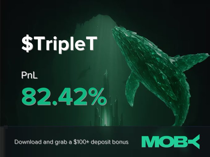 A promotional graphic for Moby shows a green crystalline whale alongside text announcing a win alert for "$TripleT" with a PnL of 82.42%, accompanied by a call-to-action offering a $100+ deposit bonus. The underwater whale imagery reinforces the bullish trade result highlighted in the accompanying post, while the MOBY branding anchors the advertisement to the mobile trading platform.