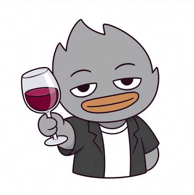 An illustration of a grey duck-like cartoon character wearing a black blazer and white shirt, holding a glass of red wine with a smug expression.