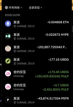 A screenshot of a cryptocurrency wallet transaction history dated 2026/10/09 shows various transfers and contract interactions involving ETH, HYPE, PULP, and USDG tokens to address '0x69a8...3514'.